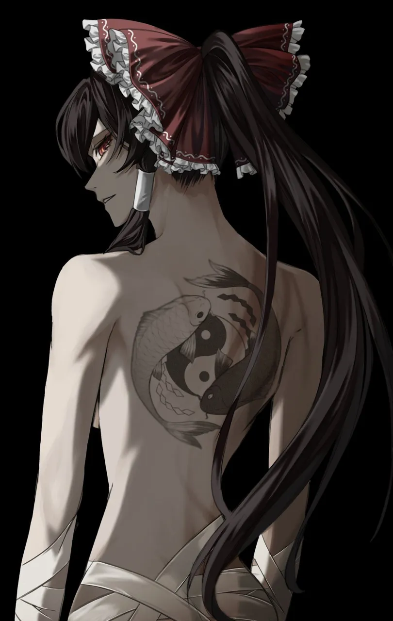 1girl back back_tattoo black_background bow brown_hair from_behind hair_bow hair_tubes letterboxed long_hair looking_at_viewer looking_back nape nude ponytail profile red_bow red_eyes simple_background solo tattoo transparent_background yin_yang okina_821 touhou hakurei_reimu__touhou