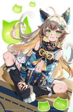 1girl ahoge animal_ears bare_shoulders black_choker black_leg_warmers black_tank_top box brown_tank_top cat cat_ears cat_feet cat_girl cat_tail choker coat collared_vest crop_top detached_sleeves double_parted_bangs fangs full_body green_eyes komaniya_express__genshin_impact leg_warmers long_hair looking_at_viewer loose_socks midriff multiple_tails nekomata sidelocks simple_background sleeveless sleeveless_coat smile socks solo tail tank_top two_tails uwu vest white_background mihan__mihan_art genshin_impact kirara__genshin_impact