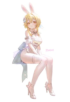 1girl alternate_costume animal_ears bare_shoulders blonde_hair blush breasts cleavage closed_mouth fake_animal_ears flower full_body hair_between_eyes hair_flower hair_ornament high_heels invisible_chair leotard looking_at_viewer medium_breasts rabbit_ears short_hair_with_long_locks sitting solo thighhighs white_flower white_footwear white_leotard white_thighhighs yellow_eyes adelie_cat genshin_impact lumine__genshin_impact