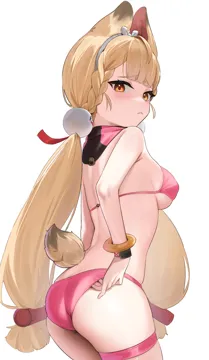 1girl adjusting_clothes alternate_costume animal_ears ass bikini blonde_hair blush bracelet breasts cowboy_shot from_side heterochromia jewelry long_hair medium_breasts pink_bikini rabbit_ears rabbit_tail red_eyes sideways_glance simple_background solo sphere_hair_ornament swimsuit tail thigh_strap white_background yellow_eyes skai_kun zenless_zone_zero alice_thymefield