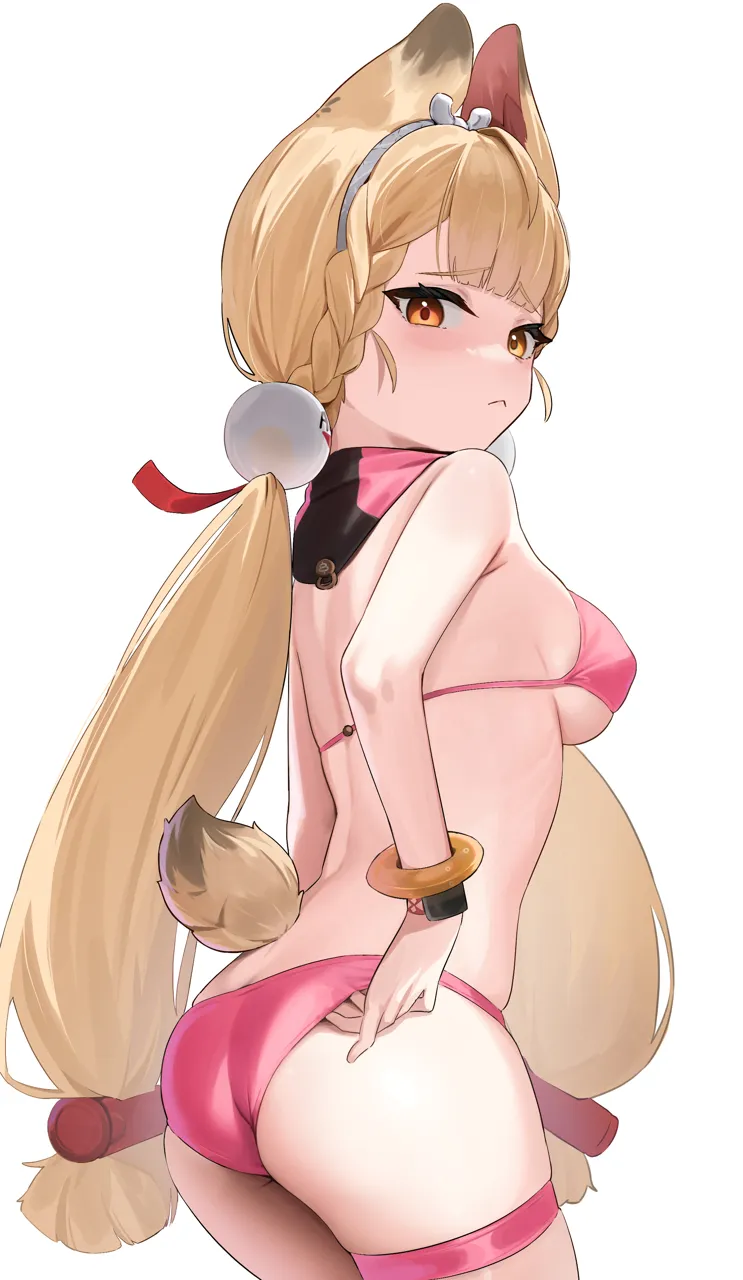 1girl adjusting_clothes alternate_costume animal_ears ass bikini blonde_hair blush bracelet breasts cowboy_shot from_side heterochromia jewelry long_hair medium_breasts pink_bikini rabbit_ears rabbit_tail red_eyes sideways_glance simple_background solo sphere_hair_ornament swimsuit tail thigh_strap white_background yellow_eyes skai_kun zenless_zone_zero alice_thymefield