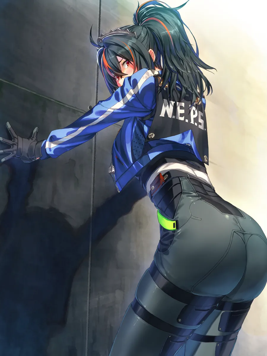 1girl ass black_gloves black_hair black_pants blue_jacket blush gloves hair_between_eyes hand_on_wall high_waist_pants jacket long_hair looking_at_viewer metal_hairband multicolored_hair pants police police_uniform policewoman ponytail raised_eyebrows red_eyes red_hair solo standing streaked_hair tight_clothes tight_pants matsuki_akira zenless_zone_zero zhu_yuan__zenless_zone_zero