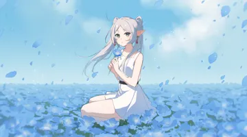 1girl belt black_belt blue_flower blue_petals breasts cloud day dress earrings elf field floating_earring flower flower_field green_eyes holding holding_flower jewelry looking_at_viewer nature on_ground outdoors parted_lips petals pointy_ears seiza sitting sky small_breasts solo twintails white_dress yukiri__l_ii sousou_no_frieren frieren__sousou_no_frieren