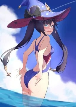 1girl adjusting_clothes adjusting_swimsuit aqua_eyes ass black_hair blue_hat blue_one_piece_swimsuit blue_sky blush bow breasts cloud day fang from_side hat hat_bow long_hair looking_at_viewer looking_to_the_side one_piece_swimsuit open_mouth outdoors sky small_breasts solo sparkle_print standing sweatdrop swimsuit twintails wading water wet witch_hat cocoablue23 genshin_impact mona__genshin_impact