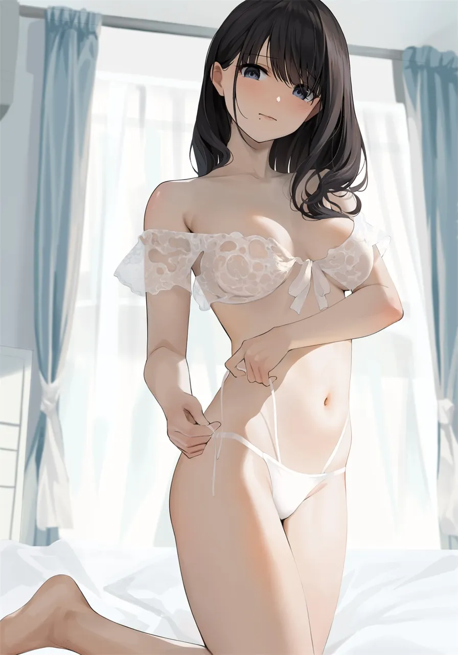 1girl backlighting bare_shoulders bed_sheet bikini black_hair blue_eyes blush breasts cleavage closed_mouth collarbone curtains gin00 idolmaster idolmaster_shiny_colors indoors kazano_hiori kneeling long_hair looking_at_viewer medium_breasts mole mole_under_mouth navel off_shoulder on_bed solo stomach swimsuit thighs white_bikini window