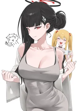2girls alternate_costume alternate_hairstyle black_choker black_hair black_halo blonde_hair blue_archive blush borrowed_character breasts bright_pupils cellphone choker cleavage closed_eyes closed_mouth collarbone covered_navel dongtan_dress dress fingernails grey_dress hair_bobbles hair_bun hair_ornament hairclip halo holding holding_phone hood__james_x large_breasts long_hair looking_at_viewer meme_attire multiple_girls open_mouth phone red_eyes rio__blue_archive sayuri__k_pring simple_background single_hair_bun smile tight_clothes tight_dress twintails upper_body white_background white_pupils