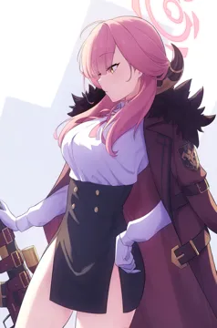 1girl black_skirt blush breasts brown_coat brown_horns closed_mouth coat coat_on_shoulders collared_shirt cowboy_shot demon_horns from_side gloves gun halo horns large_breasts long_hair long_sleeves pencil_skirt pink_hair pink_halo profile shirt skirt solo weapon white_gloves white_shirt yellow_eyes cocoablue23 blue_archive aru__blue_archive