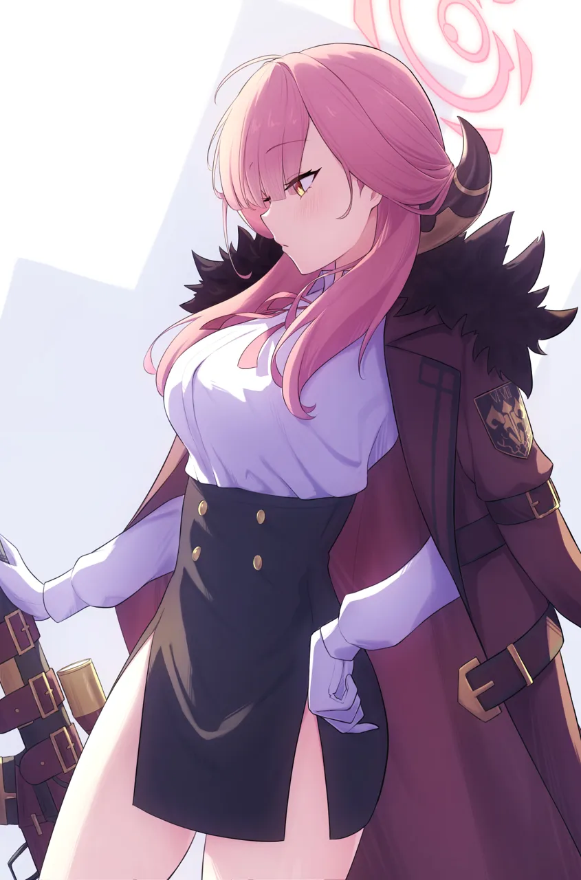 1girl black_skirt blush breasts brown_coat brown_horns closed_mouth coat coat_on_shoulders collared_shirt cowboy_shot demon_horns from_side gloves gun halo horns large_breasts long_hair long_sleeves pencil_skirt pink_hair pink_halo profile shirt skirt solo weapon white_gloves white_shirt yellow_eyes cocoablue23 blue_archive aru__blue_archive