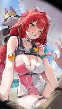 1boy 1girl beach blue_sky blush braided_twintails breasts cleavage clenched_teeth curvy eyewear_on_head facial_mark green_eyes grin heart heart_shaped_eyewear heart_facial_mark large_breasts long_hair looking_at_viewer ocean one_piece_swimsuit pink_one_piece_swimsuit pov red_hair sitting sky smile solo sphere_hair_ornament swimsuit tanuki teeth thick_thighs thighs two_tone_one_piece_swimsuit white_one_piece_swimsuit yokozuwari lillly zenless_zone_zero ukinami_yuzuha ukinami_yuzuha__tanuki_in_broad_daylight