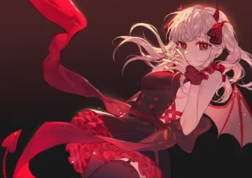 1girl black_thighhighs blonde_hair breasts cowboy_shot demon_girl demon_horns demon_tail demon_wings dress floating_hair frilled_dress frills garter_straps gradient_background hair_ribbon horns interlocked_fingers looking_at_viewer medium_breasts own_hands_together red_eyes ribbon sash sideboob sideless_outfit smile solo tail thighhighs twintails wings wrist_cuffs smilesmile1312