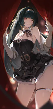 1girl bare_shoulders black_dress black_hair blurry blurry_foreground breasts chromatic_aberration contrapposto cowboy_shot curtains curvy dress hairband long_hair medium_breasts official_alternate_costume parted_lips pink_eyes short_dress smile solo thighs very_long_hair white_hairband jiang_zhuti_jiojio zenless_zone_zero astra_yao astra_yao__chandelier