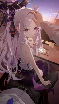 1boy 1girl bare_shoulders belt blush breasts computer_keyboard demon_wings desk hair_ribbon halo hand_on_another_s_head headpat horns long_hair looking_at_viewer looking_back low_cut_armhole miniskirt monitor ponytail pov purple_eyes purple_wings ribbon shirt sitting sitting_on_lap sitting_on_person skirt sky sleeveless sleeveless_shirt small_breasts thighhighs twilight very_long_hair white_hair wings zettai_ryouiki flatshi blue_archive hina__blue_archive sensei__blue_archive