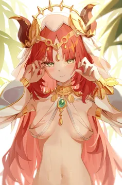 1girl blunt_bangs bracer breasts breasts_apart brooch circlet closed_mouth expressionless fake_horns gem genshin_impact glint green_eyes green_gemstone hands_up horns jewelry leaf long_hair long_sleeves looking_at_viewer low_twintails medium_breasts navel neck_ring nilou__genshin_impact parted_bangs puffy_long_sleeves puffy_sleeves red_hair revealing_clothes see_through_clothes solo stomach tuyugane twintails upper_body veil wet white_headwear white_veil