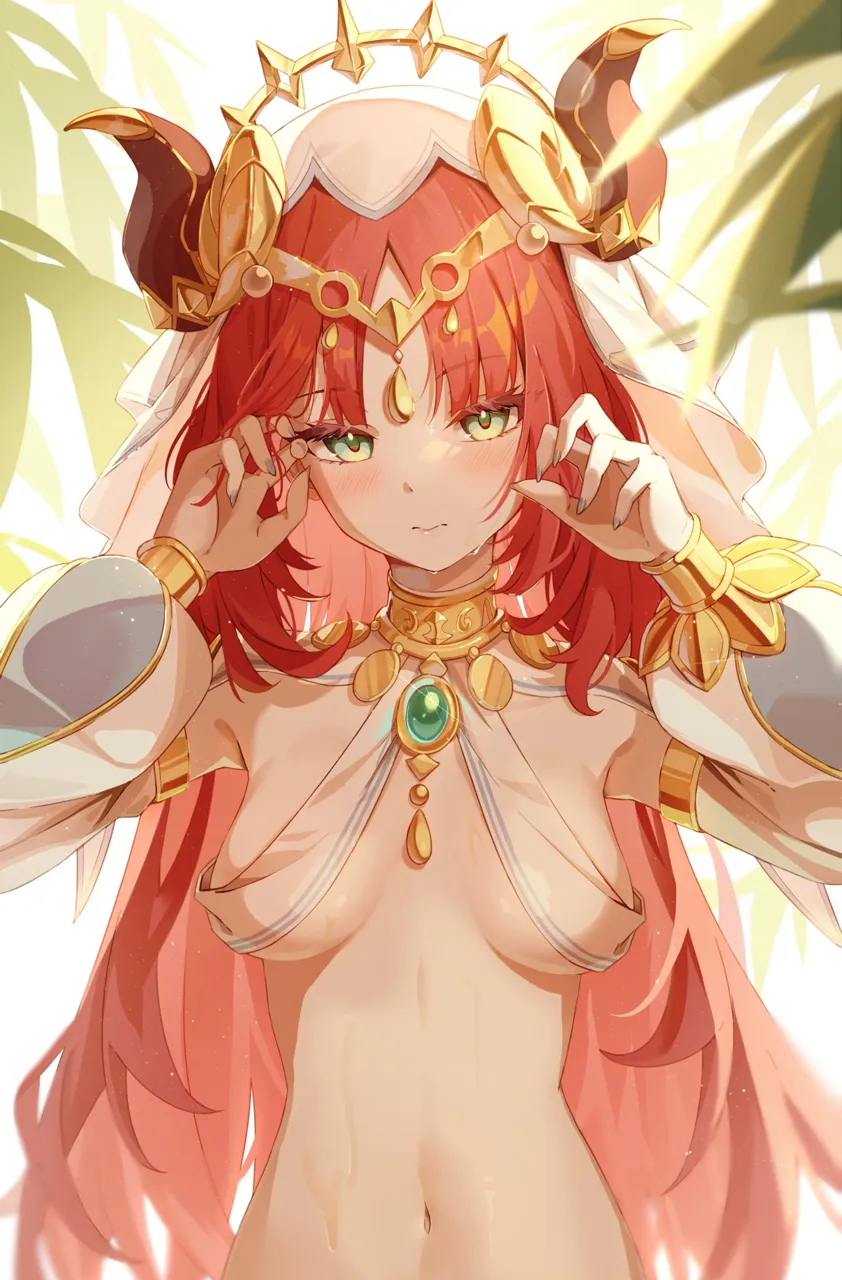 1girl blunt_bangs bracer breasts breasts_apart brooch circlet closed_mouth expressionless fake_horns gem genshin_impact glint green_eyes green_gemstone hands_up horns jewelry leaf long_hair long_sleeves looking_at_viewer low_twintails medium_breasts navel neck_ring nilou__genshin_impact parted_bangs puffy_long_sleeves puffy_sleeves red_hair revealing_clothes see_through_clothes solo stomach tuyugane twintails upper_body veil wet white_headwear white_veil