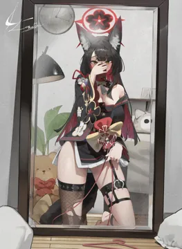 1girl animal_ear_fluff animal_ears ass_visible_through_thighs black_shirt blue_archive blush breasts brown_hair cleavage clock clothes_hanger eyelashes eyeliner fishnet_thighhighs fishnets floral_print_sleeves fox_ears fox_girl fox_tail full_body halo holding holding_phone indoors kneeling large_breasts long_hair looking_at_viewer luenar makeup mirror phone red_halo reflection reflection_focus selfie shirt side_slit signature single_bare_shoulder single_fishnet_legwear single_off_shoulder single_thighhigh skirt solo standing stuffed_animal stuffed_toy tail taking_picture teddy_bear thigh_strap thighhighs thighs tsurime wakamo__blue_archive wall_clock white_skirt wide_sleeves yellow_eyes