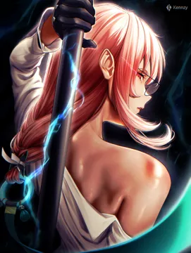 1girl artist_name bare_shoulders black_framed_eyewear black_gloves from_behind glasses gloves holding holding_behind_back holding_polearm holding_weapon long_hair looking_at_viewer off_shoulder parted_lips pink_eyes pink_hair polearm ring_hair_ornament shirt sidelocks solo upper_body weapon white_shirt kenn_artz zenless_zone_zero tsukishiro_yanagi
