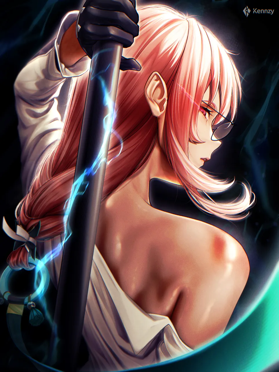 1girl artist_name bare_shoulders black_framed_eyewear black_gloves from_behind glasses gloves holding holding_behind_back holding_polearm holding_weapon long_hair looking_at_viewer off_shoulder parted_lips pink_eyes pink_hair polearm ring_hair_ornament shirt sidelocks solo upper_body weapon white_shirt kenn_artz zenless_zone_zero tsukishiro_yanagi