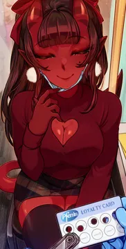 1girl black_hair black_thighhighs blue_gloves blunt_bangs bow brand_name_imitation breasts cleavage cleavage_cutout closed_eyes closed_mouth clothing_cutout colored_skin demon_girl demon_horns demon_tail earrings freckles gloves hair_between_horns hair_bow heart_cutout horns indoors jewelry latex latex_gloves long_hair long_sleeves looking_at_viewer mask mask_pull medium_breasts meruccubus__merunyaa merunyaa mole mole_under_eye mouth_mask oni oni_horns out_of_frame plaid_clothes plaid_skirt pointy_ears pov pov_hands red_horns red_oni red_skin red_skirt red_sweater red_tail sitting skirt solo_focus surgical_mask sweater tail thighhighs train_interior zettai_ryouiki