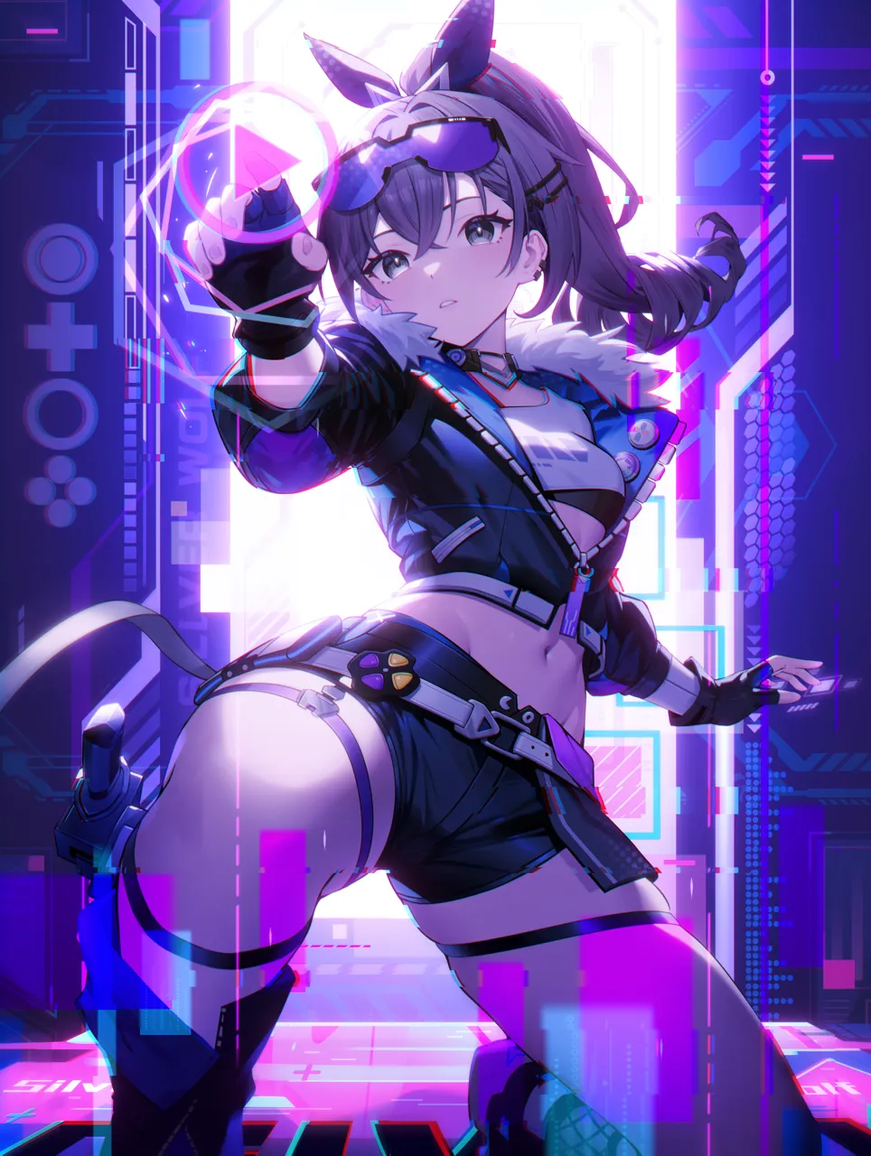 1girl 95__jiuwujiang black_gloves black_jacket black_shorts breasts crop_top crossed_bangs drill_hair drill_ponytail eyewear_on_head fingerless_gloves gloves goggles goggles_on_head grey_eyes grey_hair hair_between_eyes holographic_interface honkai__series honkai__star_rail jacket long_hair long_sleeves looking_at_viewer navel ponytail shirt shorts silver_wolf__honkai__star_rail single_drill solo thigh_strap thighs white_shirt