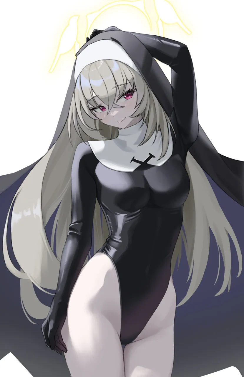 1girl arm_up black_leotard breasts cowboy_shot crossed_bangs gloved_sleeves grey_hair habit hair_between_eyes halo highleg highleg_leotard large_breasts latex latex_leotard leotard long_hair looking_to_the_side nun pale_skin purple_eyes simple_background smile solo veil white_background nasol blue_archive justina_follower__blue_archive sakurako__blue_archive