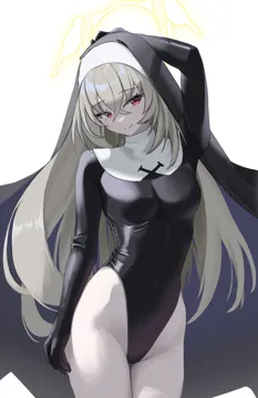1girl arm_up black_leotard breasts cowboy_shot crossed_bangs gloved_sleeves grey_hair habit hair_between_eyes halo highleg highleg_leotard large_breasts latex latex_leotard leotard long_hair looking_to_the_side nun pale_skin purple_eyes simple_background smile solo veil white_background nasol blue_archive justina_follower__blue_archive sakurako__blue_archive