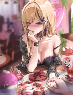 1boy 1girl black_dress blonde_hair blush box braid breasts cleavage dress earrings food hair_ornament hand_on_own_chin heart_shaped_box holding_hands indoors jewelry long_hair nail_polish pink_eyes pov pov_across_table pov_hands restaurant side_braid strap_slip x_hair_ornament keyokku