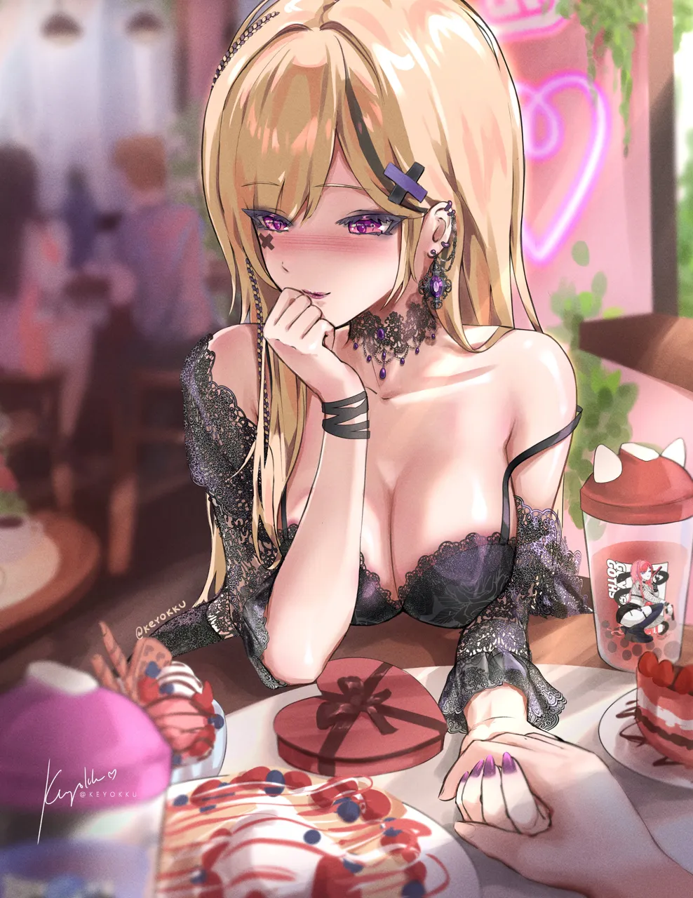 1boy 1girl black_dress blonde_hair blush box braid breasts cleavage dress earrings food hair_ornament hand_on_own_chin heart_shaped_box holding_hands indoors jewelry long_hair nail_polish pink_eyes pov pov_across_table pov_hands restaurant side_braid strap_slip x_hair_ornament keyokku