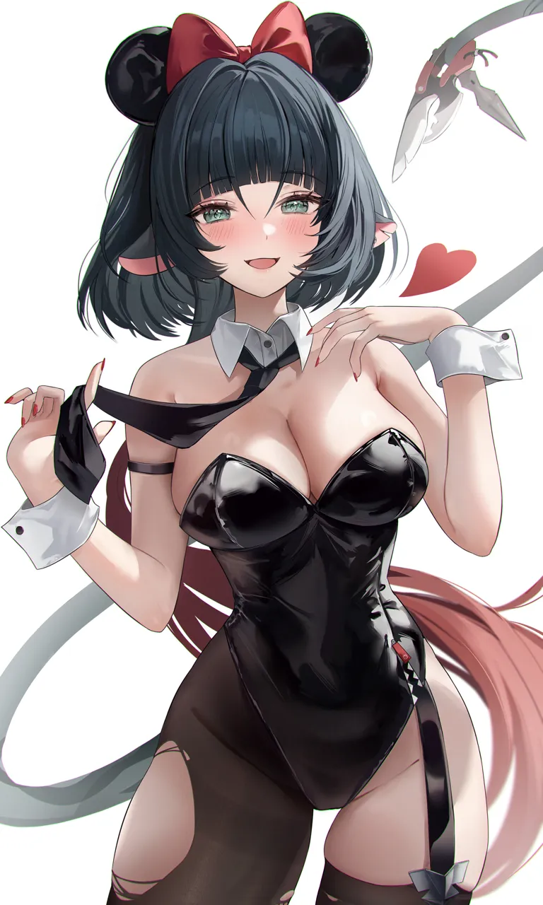 1girl alternate_costume animal_ears bare_shoulders black_hair black_leotard black_necktie blunt_bangs blush bow breasts cleavage detached_collar fake_animal_ears green_eyes heart highleg highleg_leotard large_breasts leotard long_hair long_tail looking_at_viewer mouse_girl multicolored_hair necktie pantyhose playboy_bunny rabbit_ears smile solo strapless strapless_leotard tail torn_clothes torn_pantyhose two_tone_hair very_long_hair white_background wrist_cuffs zije zenless_zone_zero jane_doe__zenless_zone_zero