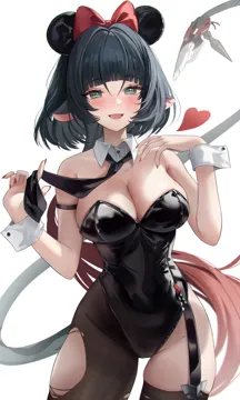 1girl alternate_costume animal_ears bare_shoulders black_hair black_leotard black_necktie blunt_bangs blush bow breasts cleavage detached_collar fake_animal_ears green_eyes heart highleg highleg_leotard large_breasts leotard long_hair long_tail looking_at_viewer mouse_girl multicolored_hair necktie pantyhose playboy_bunny rabbit_ears smile solo strapless strapless_leotard tail torn_clothes torn_pantyhose two_tone_hair very_long_hair white_background wrist_cuffs zije zenless_zone_zero jane_doe__zenless_zone_zero