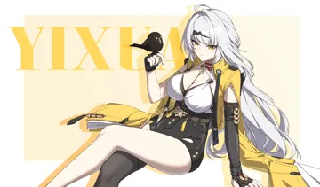 1girl asymmetrical_gloves bird bird_on_hand black_gloves black_thighhighs border breasts character_name crossed_legs fingerless_gloves gloves hip_vent jacket long_hair single_thighhigh solo thighhighs uneven_gloves white_border white_hair yellow_background yellow_jacket luyue zenless_zone_zero yixuan__zenless_zone_zero