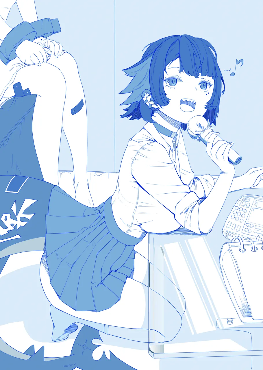 2girls blue_theme breasts choker cuffs fins fish_tail from_side holding holding_microphone indoors karaoke karaoke_box kneeling large_breasts looking_up microphone mole mole_under_eye monochrome multiple_girls musical_note open_mouth pleated_skirt shark_girl shark_tail sharp_teeth shirt short_hair skirt socks solo_focus tail teeth midfinger zenless_zone_zero corin_wickes__zenless_zone_zero ellen_joe__zenless_zone_zero ellen_joe__on_campus__zenless_zone_zero