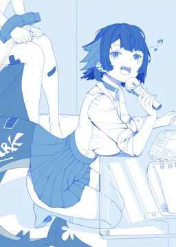 2girls blue_theme breasts choker cuffs fins fish_tail from_side holding holding_microphone indoors karaoke karaoke_box kneeling large_breasts looking_up microphone mole mole_under_eye monochrome multiple_girls musical_note open_mouth pleated_skirt shark_girl shark_tail sharp_teeth shirt short_hair skirt socks solo_focus tail teeth midfinger zenless_zone_zero corin_wickes__zenless_zone_zero ellen_joe__zenless_zone_zero ellen_joe__on_campus__zenless_zone_zero