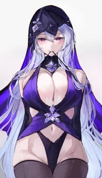 1girl alternate_costume bare_shoulders black_swan__honkai__star_rail blush breasts cleavage closed_mouth cowboy_shot grey_background hair_between_eyes honkai__series honkai__star_rail large_breasts long_hair looking_at_viewer mouth_hold navel panties purple_headwear purple_panties purple_thighhighs qiandaiyiyu smile solo thighhighs underwear
