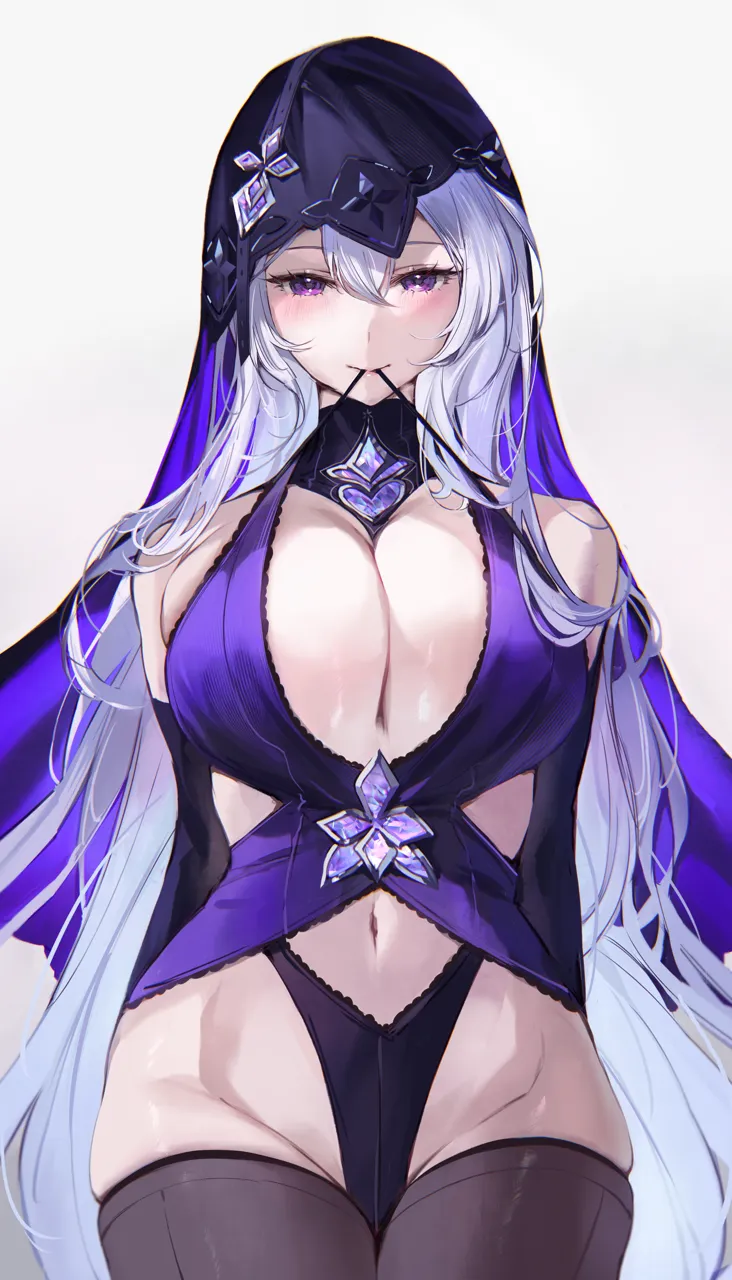 1girl alternate_costume bare_shoulders black_swan__honkai__star_rail blush breasts cleavage closed_mouth cowboy_shot grey_background hair_between_eyes honkai__series honkai__star_rail large_breasts long_hair looking_at_viewer mouth_hold navel panties purple_headwear purple_panties purple_thighhighs qiandaiyiyu smile solo thighhighs underwear