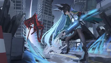 2girls animal_ear_fluff animal_ears aqua_jacket arm_armor black_boots black_gloves black_hair black_necktie black_pantyhose black_skirt blue_hair blunt_bangs blunt_sidelocks boots breasts building closed_eyes closed_mouth collared_shirt dark_persona fingerless_gloves fox_ears gloves high_heels hime_cut holding holding_sword holding_weapon jacket katana large_breasts long_hair long_sleeves multicolored_hair multiple_girls necktie night night_sky outdoors pantyhose road sheathing shin_strap shirt sidelocks skirt sky star__sky starry_sky street sword two_tone_hair very_long_hair weapon white_shirt angel_no_shousou zenless_zone_zero hoshimi_miyabi__zenless_zone_zero