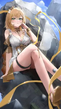 1girl arm_at_side bare_legs bare_shoulders blonde_hair blue_sky blush bracelet breast_tattoo breasts brown_sandals brown_sleeves cleavage closed_mouth cloud collar crossed_bangs crossed_legs day detached_sleeves dress flower foot_out_of_frame gold_bracelet greco_roman_clothes green_eyes hair_between_eyes hair_flower hair_ornament hand_on_own_cheek hand_on_own_face hand_up jewelry large_breasts laurel_crown legs looking_at_viewer metal_collar on_rock outdoors ribbon rock sandals shoe_soles short_dress single_sleeve sitting sky sleeveless sleeveless_dress solo tattoo thigh_strap thighs white_dress white_flower yellow_ribbon yawww__yawwwart honkai__star_rail honkai__series aglaea__honkai__star_rail