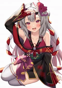 1girl black_kimono blush fang gradient_hair grey_hair hair_ornament horns japanese_clothes kimono long_hair looking_at_viewer mask mask_on_head multicolored_hair oni oni_mask open_mouth red_eyes red_hair skin_covered_horns skin_fang smile streaked_hair virtual_youtuber white_hair koba__kobako42 hololive nakiri_ayame__ nakiri_ayame__1st_costume__hololive