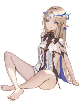 1girl bare_legs bare_shoulders barefoot black_collar black_dress blonde_hair blue_eyes breasts closed_mouth collar crown_of_thorns dress earrings feet jewelry leaning_back legs long_hair looking_at_viewer multiple_earrings necklace parted_bangs pointy_ears sidelocks simple_background small_breasts smile soles solo tabard tacet_mark__wuthering_waves thighs toes very_long_hair white_background white_tabard sib__9obsl wuthering_waves cartethyia__wuthering_waves