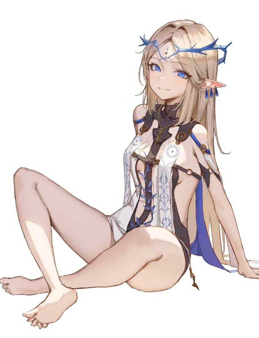 1girl bare_legs bare_shoulders barefoot black_collar black_dress blonde_hair blue_eyes breasts closed_mouth collar crown_of_thorns dress earrings feet jewelry leaning_back legs long_hair looking_at_viewer multiple_earrings necklace parted_bangs pointy_ears sidelocks simple_background small_breasts smile soles solo tabard tacet_mark__wuthering_waves thighs toes very_long_hair white_background white_tabard sib__9obsl wuthering_waves cartethyia__wuthering_waves