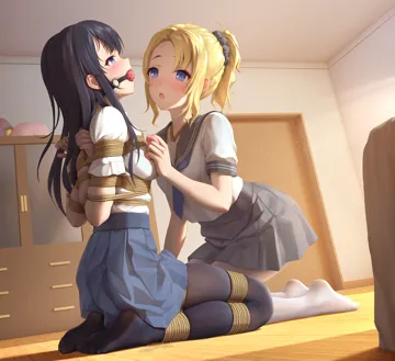 2girls arms_behind_back ball_gag bdsm black_hair black_pantyhose black_scrunchie blonde_hair blue_eyes blush bondage bound bound_ankles bound_arms bound_legs bound_wrists breasts controller egg_vibrator feet femdom foreplay full_body gag gagged hair_ornament hair_scrunchie half_siblings hand_on_another_s_chest hand_under_clothes hand_under_skirt implied_fingering incest indoors long_hair medium_breasts multiple_girls neckerchief no_shoes open_mouth pantyhose pleated_skirt ponytail remote_control remote_control_vibrator restrained rope sailor_collar school_uniform scrunchie seiza serafuku sex_toy shibari shibari_over_clothes shirt short_sleeves siblings sisters sitting skirt soles vibrator white_pantyhose white_shirt wiffle_gag yuri himitsu seishun_buta_yarou sakurajima_mai toyohama_nodoka
