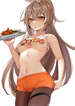 1girl ahoge alternate_costume black_hair blush breasts brown_hair brown_pantyhose cameltoe chicken__food cleavage cowboy_shot crop_top crossed_bangs crotch_seam dolphin_shorts elfboiii feather_hair_ornament feathers food hair_between_eyes hair_ornament hairclip half_updo holding holding_tray hololive hololive_english hooters long_hair looking_at_viewer medium_breasts multicolored_hair nanashi_mumei navel open_mouth orange_eyes orange_shorts pantyhose ponytail short_shorts shorts simple_background sleeveless solo stomach streaked_hair tank_top thigh_strap tray underboob virtual_youtuber white_background white_hair white_tank_top