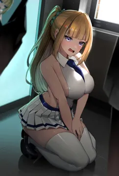 1girl aqua_scrunchie bare_shoulders blonde_hair blue_eyes blue_necktie blunt_bangs breasts cellphone chanism collar embarrassed hair_ornament hair_scrunchie halterneck indoors karuizawa_kei kneeling large_breasts long_hair looking_at_viewer mary_janes medium_breasts necktie phone ponytail scrunchie shoes sideboob sidelocks skirt sleeveless smartphone solo_focus tears thighhighs white_skirt white_thighhighs youkoso_jitsuryoku_shijou_shugi_no_kyoushitsu_e