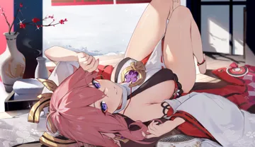 1girl ahoge anklet barefoot blush bottle breasts covered_nipples floppy_ears flower genshin_impact hair_between_eyes hair_ornament hand_fan houkisei japanese_clothes jewelry knees_up large_breasts long_hair looking_at_viewer lying on_back on_floor parted_lips pink_hair pink_nails plum_blossoms purple_eyes sake_bottle shirt sideboob snow snowing solo steam thighs towel vase white_shirt wide_sleeves yae_miko