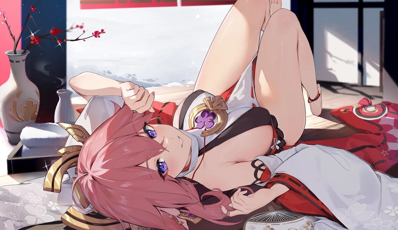 1girl ahoge anklet barefoot blush bottle breasts covered_nipples floppy_ears flower genshin_impact hair_between_eyes hair_ornament hand_fan houkisei japanese_clothes jewelry knees_up large_breasts long_hair looking_at_viewer lying on_back on_floor parted_lips pink_hair pink_nails plum_blossoms purple_eyes sake_bottle shirt sideboob snow snowing solo steam thighs towel vase white_shirt wide_sleeves yae_miko