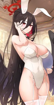 1girl alternate_costume animal_ears black_bow black_bowtie black_hair black_wings blue_archive bow bowtie breasts covered_navel detached_collar feathered_wings garter_straps halo hand_up hasumi__blue_archive high_ponytail highleg highleg_leotard jjjsss large_wings leotard long_hair looking_at_viewer mole mole_under_eye parted_lips playboy_bunny ponytail rabbit_ears red_eyes solo strapless strapless_leotard sweatdrop thighhighs very_long_hair white_garter_straps white_leotard white_thighhighs wings