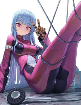 1girl arm_support armored_gloves ass_visible_through_thighs blue_hair blunt_bangs bodysuit breasts closed_mouth cropped_jacket hand_up jacket leather leather_jacket legs_up long_hair long_sleeves looking_at_viewer medium_breasts multicolored_bodysuit multicolored_jacket pink_bodysuit pink_jacket purple_eyes shampoo_bottle shower_head simple_background smile solo straight_hair tile_floor tiles white_background zipper xzu the_king_of_fighters kula_diamond__the_king_of_fighters