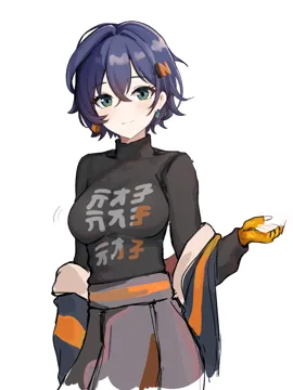 1girl black_shirt blue_hair breasts closed_mouth cowboy_shot crossed_bangs earrings gloves green_eyes hair_between_eyes hair_ornament jewelry letter_hair_ornament long_sleeves looking_at_viewer medium_breasts orange_gloves shirt short_hair simple_background sketch sleeveless sleeveless_jacket smile solo taut_clothes taut_shirt turtleneck white_background mini2chainz zenless_zone_zero belle__zenless_zone_zero