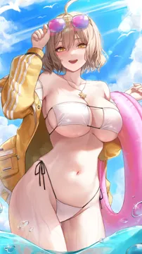 1girl adjusting_eyewear ahoge anis__nikke anis__sparkling_summer__nikke arm_up armpits bare_shoulders bikini breasts brown_hair cleavage cowboy_shot day eyepatch_bikini eyewear_on_head glint goddess_of_victory__nikke hand_on_eyewear hand_up highleg highleg_bikini innertube jacket jewelry large_breasts long_sleeves looking_at_viewer mohaka__m_0haka navel necklace off_shoulder official_alternate_costume open_clothes open_jacket open_mouth outdoors short_hair side_tie_bikini_bottom sideboob skindentation smile solo standing stomach string_bikini sunglasses swim_ring swimsuit thighs tinted_eyewear underboob wading water wet white_bikini yellow_eyes yellow_jacket