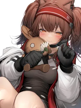 1girl animal_ears black_collar black_gloves black_shirt blush breasts brown_hair choshanland_plushy__arknights collar daisy earclip flower fox_ears fox_girl gloves hairband holding holding_flower holding_stuffed_toy infection_monitor__arknights jacket knees_up long_hair long_sleeves medium_breasts open_clothes open_jacket orange_eyes plucking_petals red_hairband shirt simple_background sitting solo stuffed_animal stuffed_rabbit stuffed_toy twintails white_background white_flower white_jacket tab_head arknights angelina__arknights