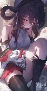 1girl adjusting_clothes adjusting_legwear architecture bare_shoulders black_thighhighs boo_tao__genshin_impact breasts brown_hair chinese_clothes closed_mouth earrings east_asian_architecture genshin_impact hat hu_tao__cherries_snow_laden__genshin_impact hu_tao__genshin_impact indoors jewelry light_blush logo long_hair looking_down medium_breasts multiple_rings official_alternate_costume orange_pupils red_eyes red_skirt ring shirt sitting skirt sleeveless sleeveless_shirt solo_focus sushispin thighhighs thighhighs_pull thighs white_hat white_shirt
